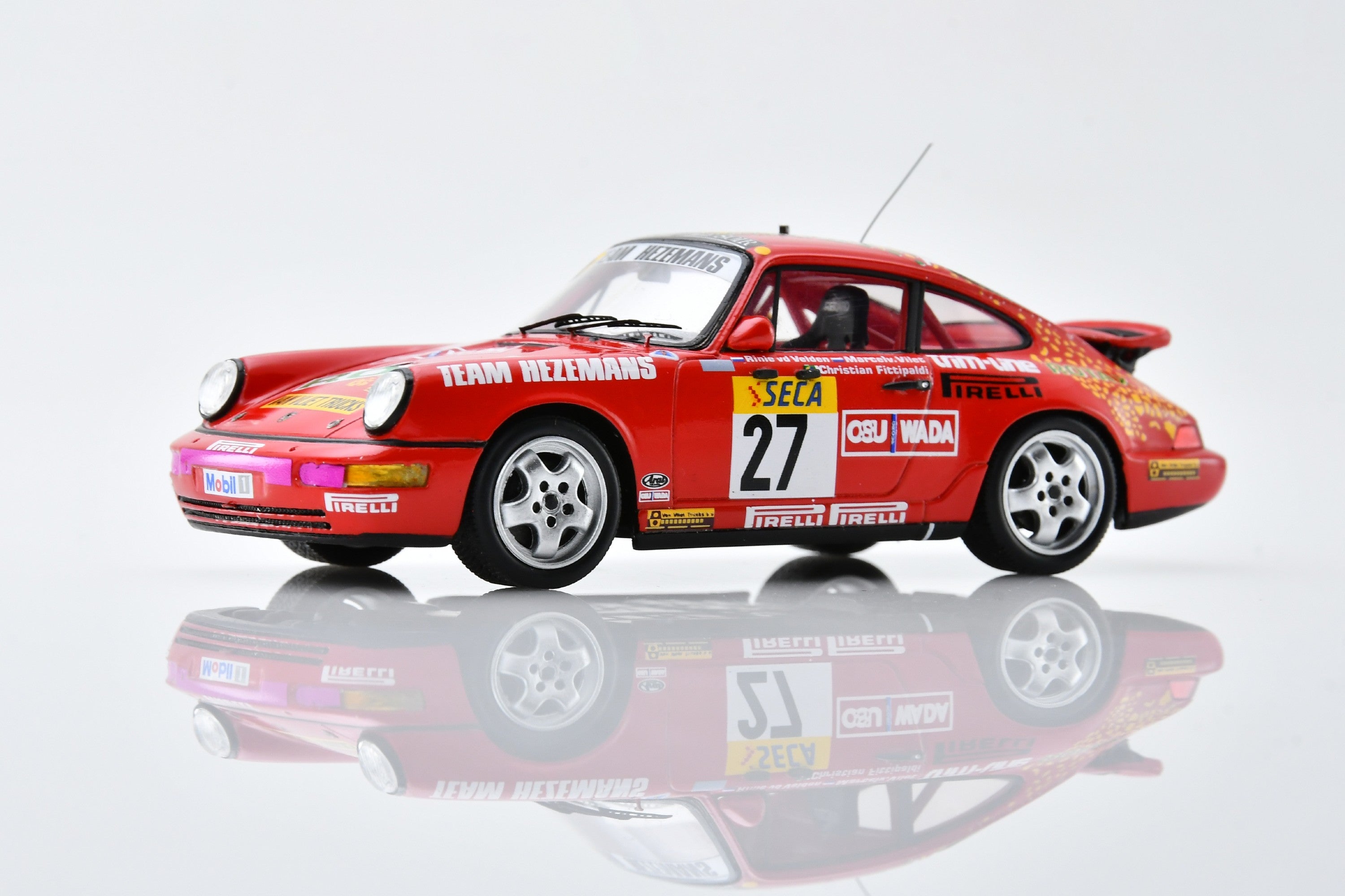 1:43 scale model Porsche 911 Carrera 2 (1991 Spa 24 Hours - Team Hezemans #27) by Spark | Front Quarter View