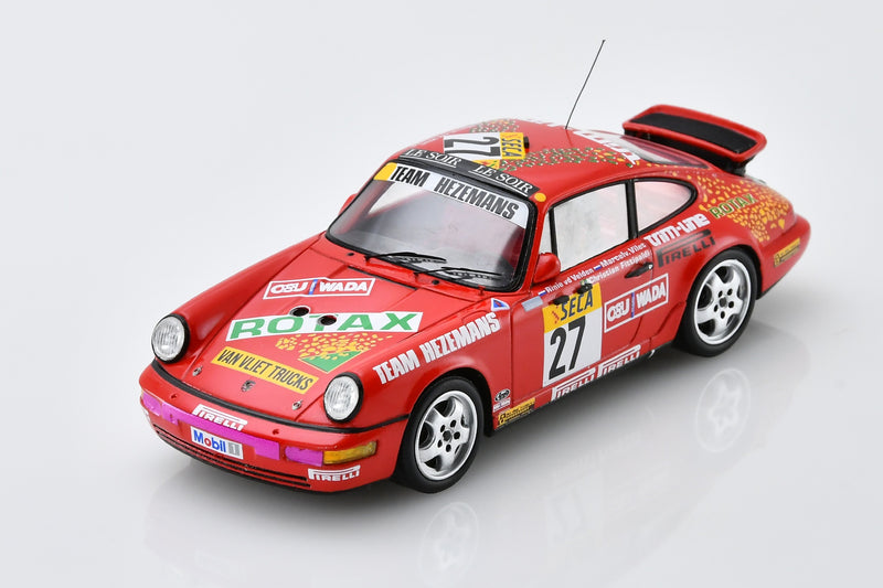 1:43 scale model Porsche 911 Carrera 2 (1991 Spa 24 Hours - Team Hezemans #27) by Spark | Front Overhead View