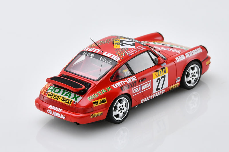1:43 scale model Porsche 911 Carrera 2 (1991 Spa 24 Hours - Team Hezemans #27) by Spark | Rear Overhead View