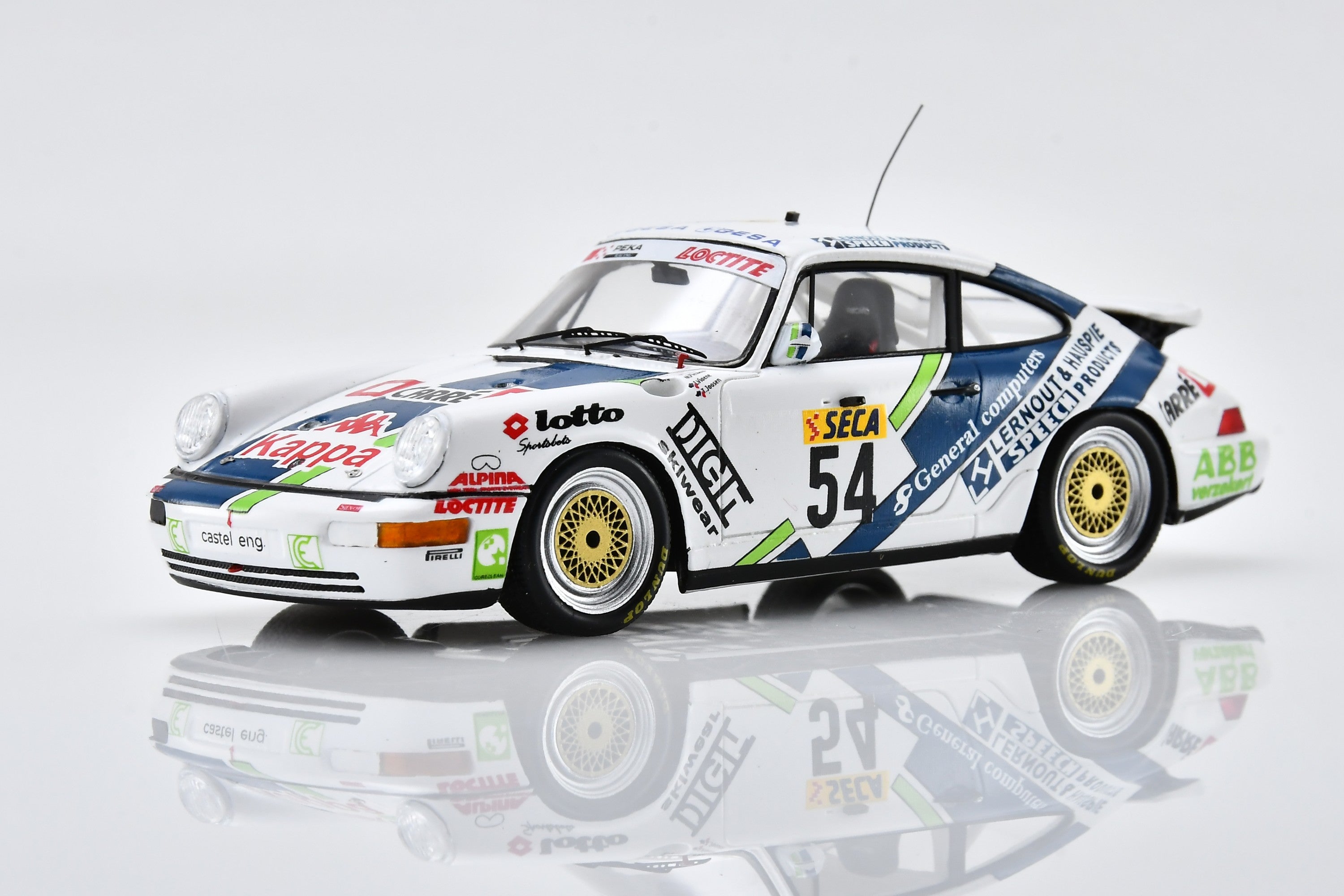 1:43 scale model Porsche 911 Carrera 2 Cup (1993 Spa 24 Hours, #54) by Spark | Front Quarter View