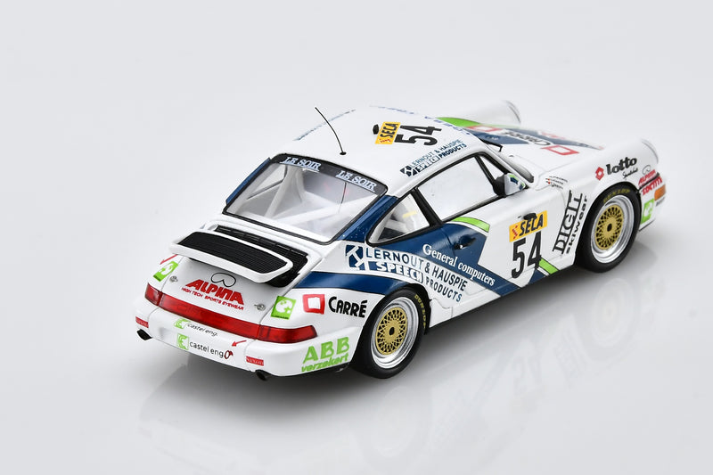 1:43 scale model Porsche 911 Carrera 2 Cup (1993 Spa 24 Hours, #54) by Spark | Rear Overhead View