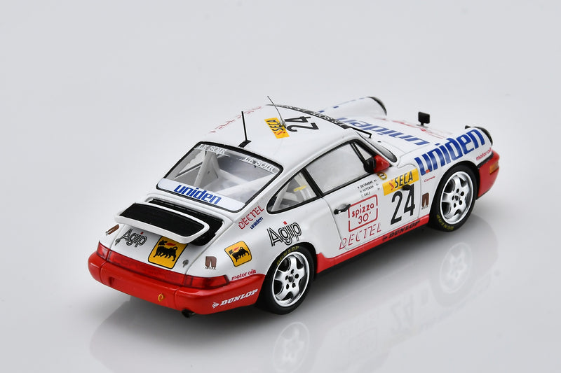 1:43 scale model Porsche 911 Carrera 2 (1991 Spa 24 Hours, #24) by Spark | Rear Overhead View