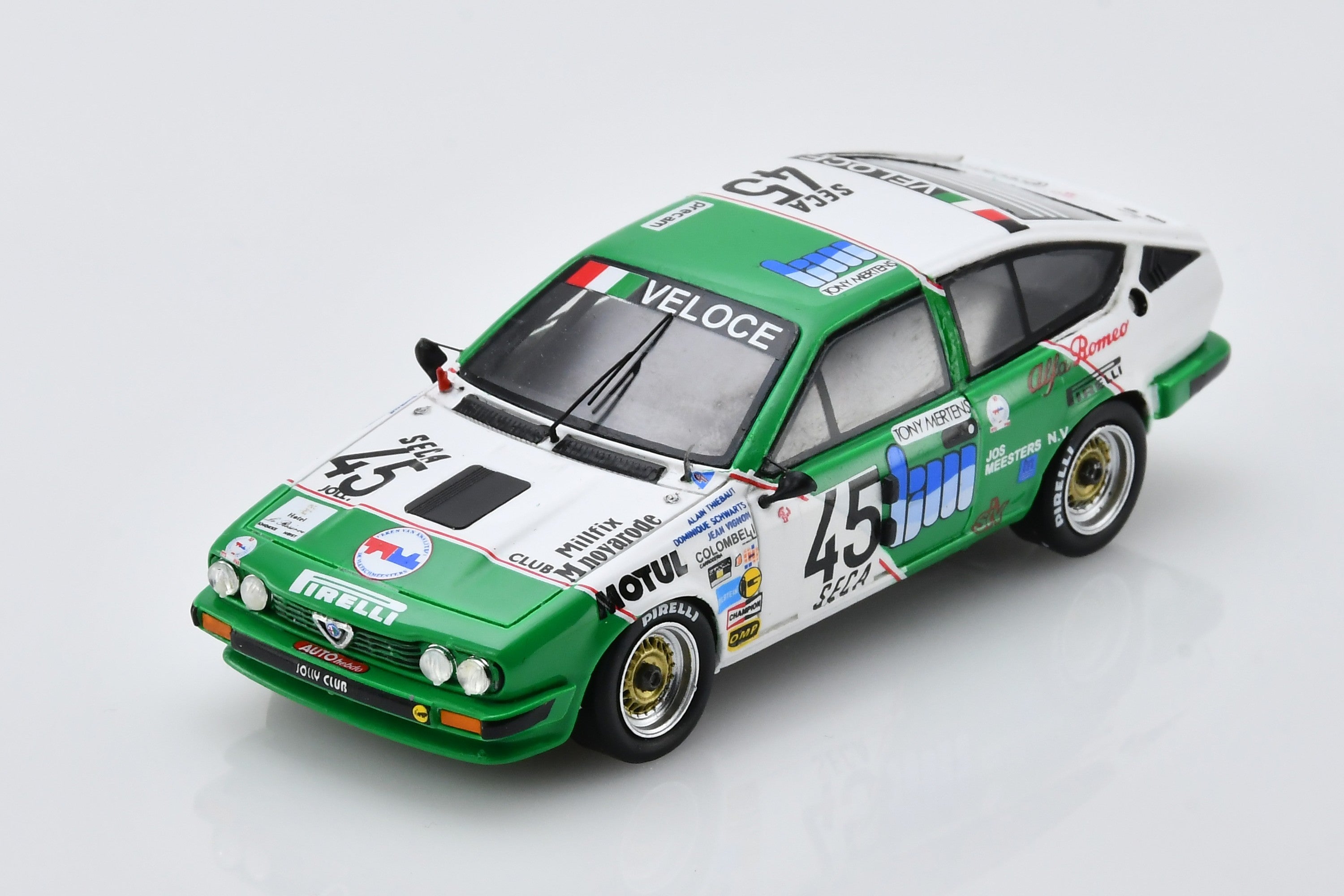 1:43 scale model Alfa Romeo GTV6 (1985 Spa 24 Hours, #45) by Spark | Front Quarter View