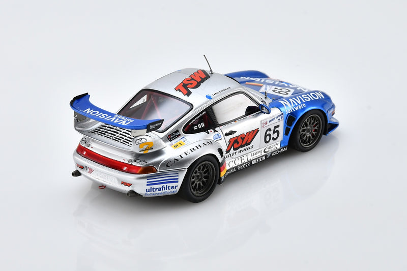 1:43 scale model Porsche 911 GT2 (Roock Racing #65, Le Mans 1998) by Spark | Rear Overhead View