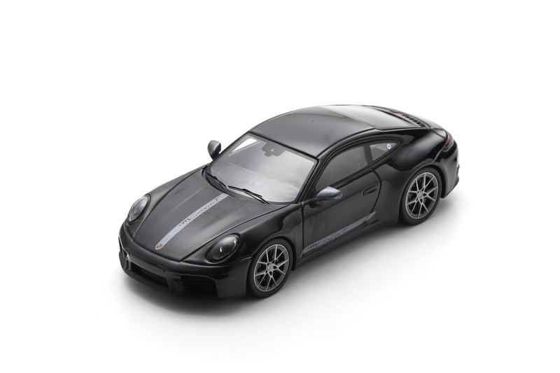 1:43 scale model Porsche 911 Carrera T (992.2) by Spark | Jet Black Metallic | Front Overhead View