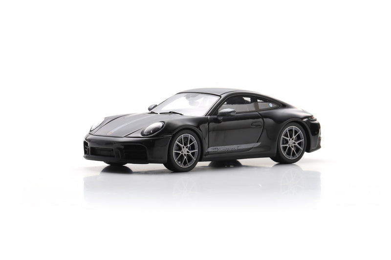 1:43 scale model Porsche 911 Carrera T (992.2) by Spark | Jet Black Metallic | Left Front Quarter