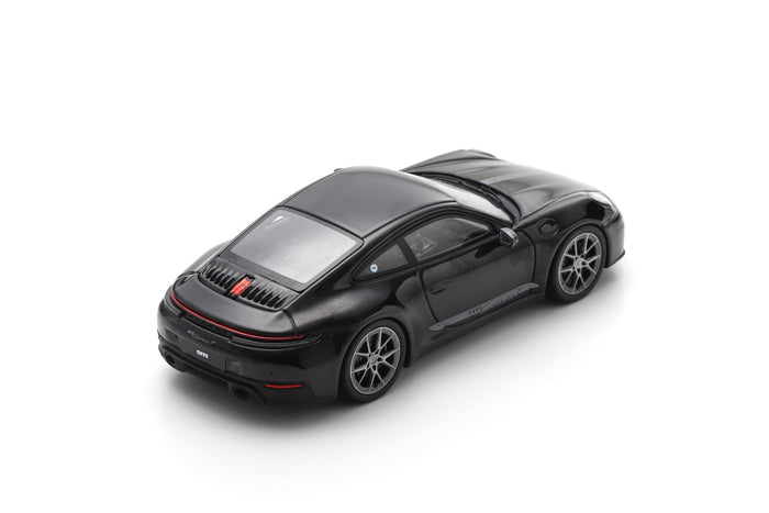 1:43 scale model Porsche 911 Carrera T (992.2) by Spark | Jet Black Metallic | Rear Overhead View