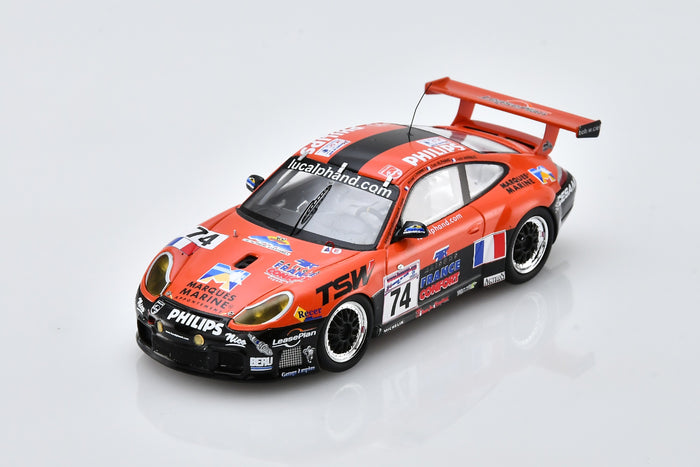 1:43 scale model Porsche 996 GT3-R (2001 Le Mans #74) by Spark | Front Overhead View