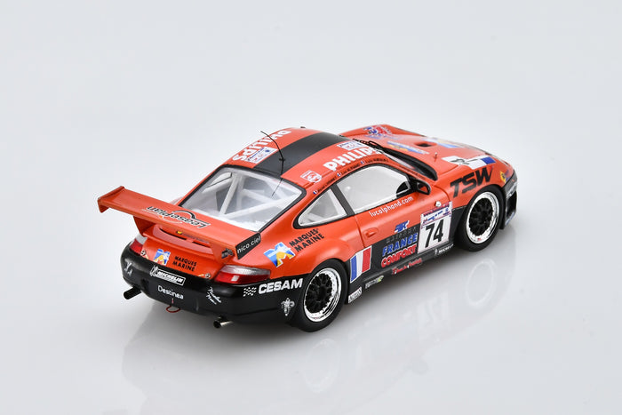 1:43 scale model Porsche 996 GT3-R (2001 Le Mans #74) by Spark | Rear Overhead View