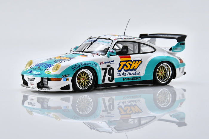 1:43 scale model Porsche 911 GT2 (1997 Le Mans #79) by Spark | Front Quarter View