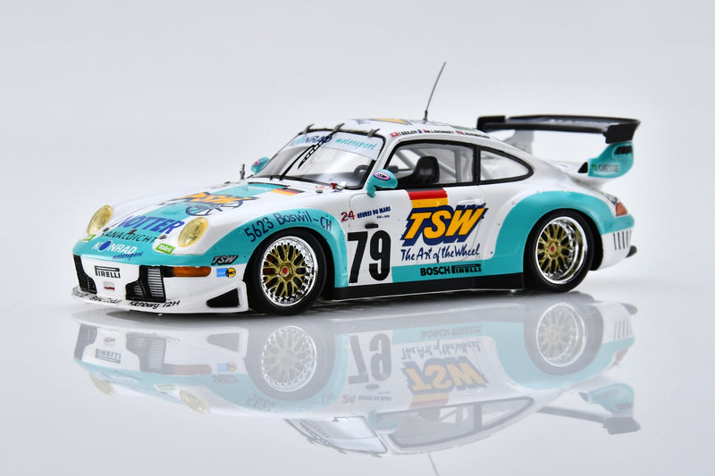 1:43 scale model Porsche 911 GT2 (1997 Le Mans #79) by Spark | Front Quarter View