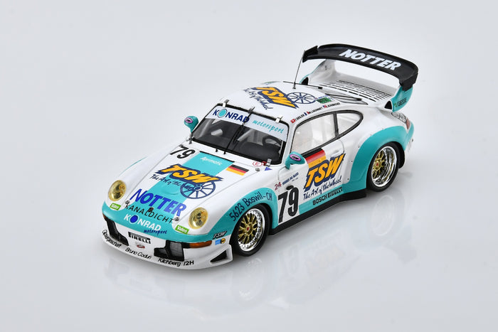 1:43 scale model Porsche 911 GT2 (1997 Le Mans #79) by Spark | Front Overhead View
