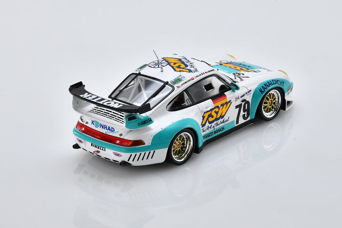 1:43 scale model Porsche 911 GT2 (1997 Le Mans #79) by Spark | Rear Overhead View