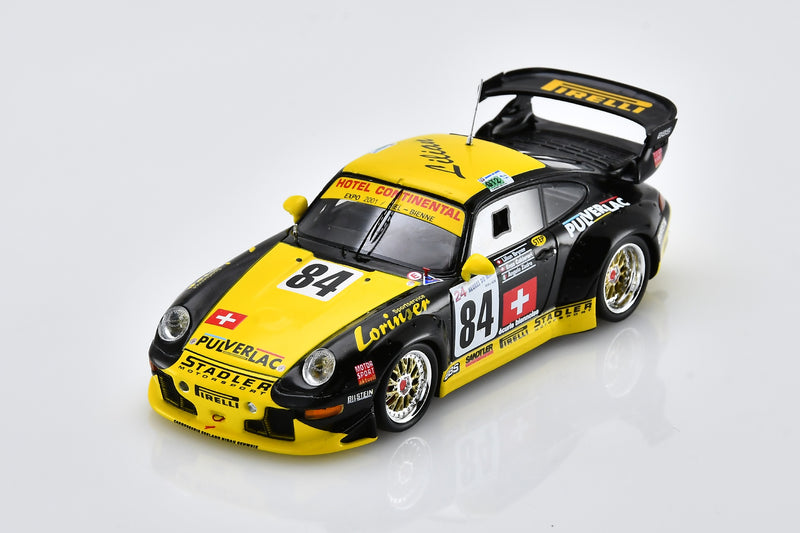 1:43 scale model Porsche 911 GT2 (1997 Le Mans #84) by Spark | Front Overhead View