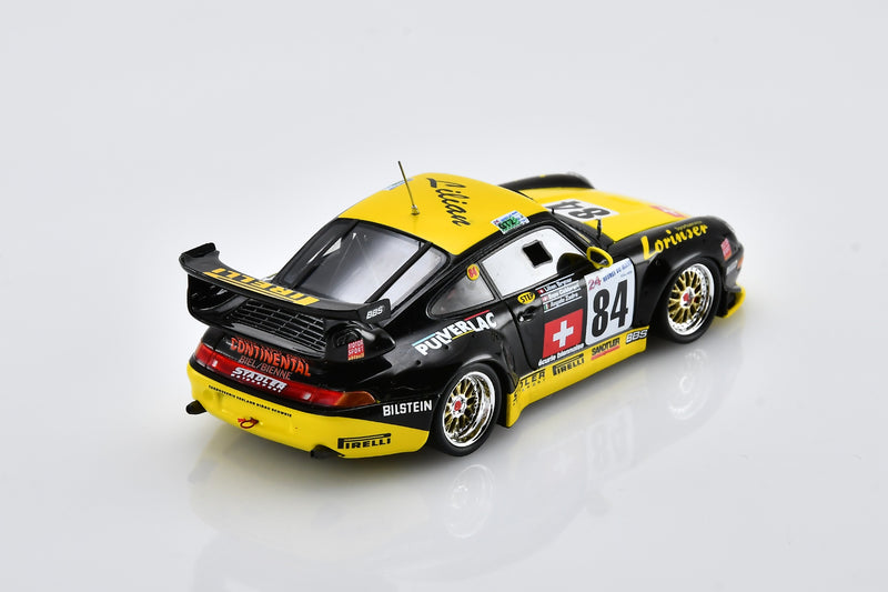 1:43 scale model Porsche 911 GT2 (1997 Le Mans #84) by Spark | Rear Overhead View